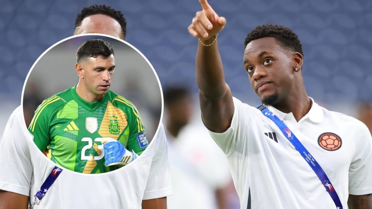 Yerry Mina and Jhon Duran of Colombia after a press conference ahead of the CONMEBOL Copa America group stage match. Inset, Emi Martinez.