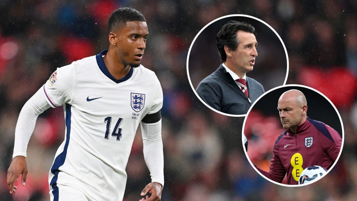 Ezri Konsa of England runs with the ball during the UEFA Nations League 2024/25 League B Group B2 match. Inset, Unai Emery and Lee Carsley.