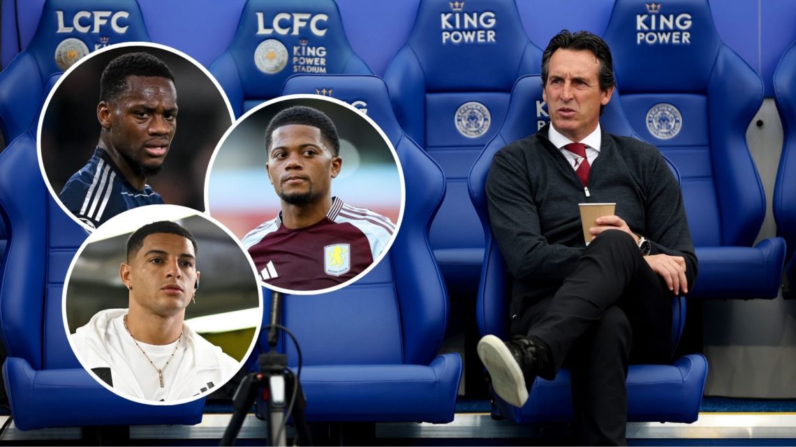 Unai Emery manager of Aston Villa in action during the Premier League match. Inset, Jhon Duran, Diego Carlos, and Leon Bailey.