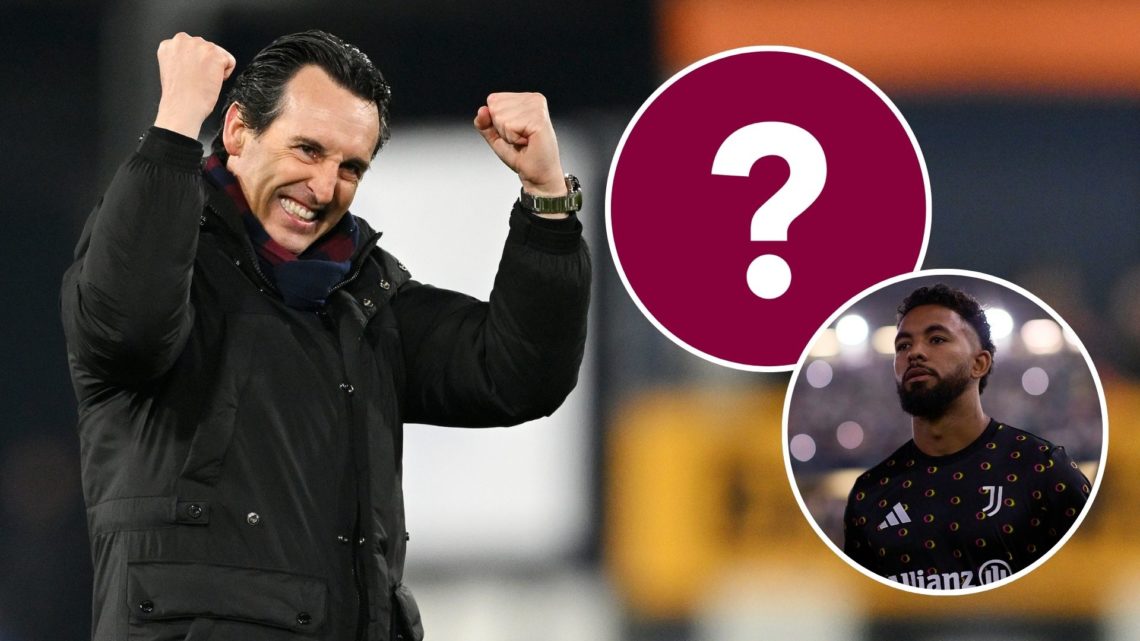 Unai Emery, Manager of Aston Villa, celebrates after the team's victory in the Premier League match. Inset, Douglas Luiz and a question mark.