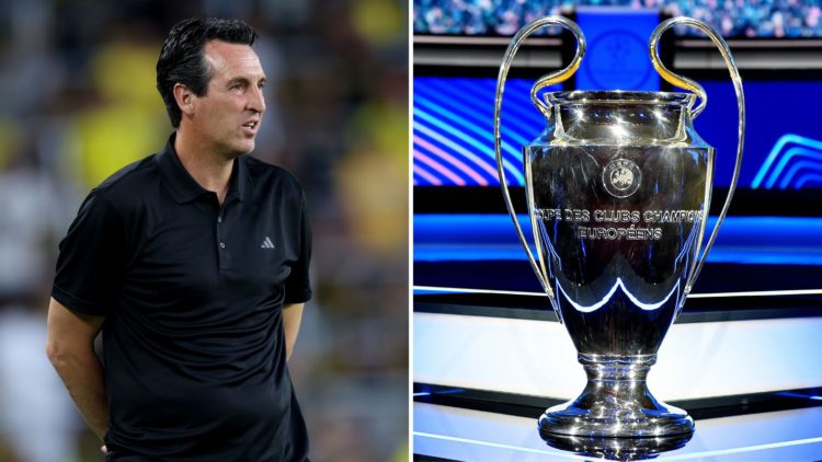 Split image of Unai Emery and the Champions League trophy.