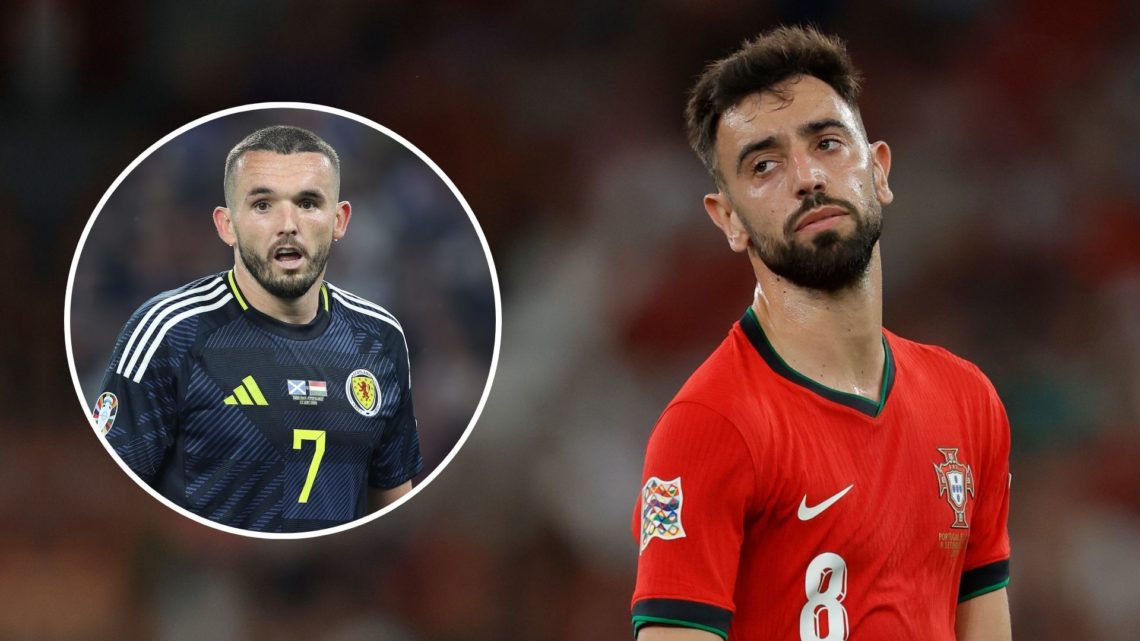 Bruno Fernandes of Portugal during the UEFA Nations league match between Portugal v Scotland. Inset, John McGinn.