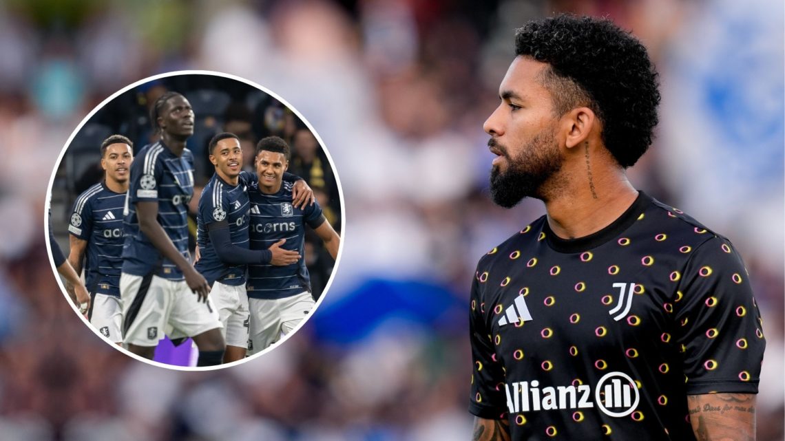 Douglas Luiz of Juventus FC looks on during the Serie A Enilive match. Inset, Villa players celebrate a goal.