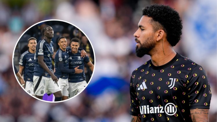 Douglas Luiz of Juventus FC looks on during the Serie A Enilive match. Inset, Villa players celebrate a goal.