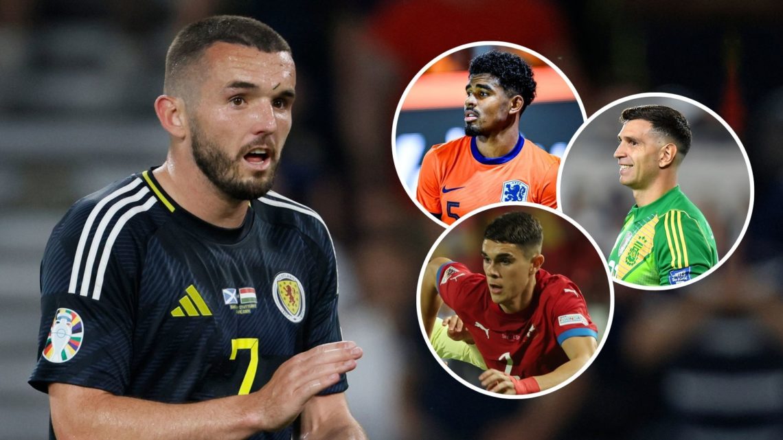 John McGinn of Scotland applauds play during the UEFA EURO 2024 group stage match. Inset, Emi Martinez, Ian Maatsen and Kosta Nedeljković.
