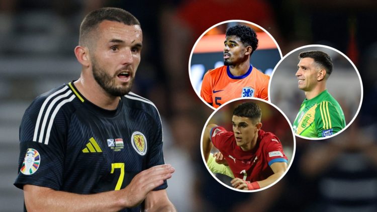 John McGinn of Scotland applauds play during the UEFA EURO 2024 group stage match. Inset, Emi Martinez, Ian Maatsen and Kosta Nedeljković.