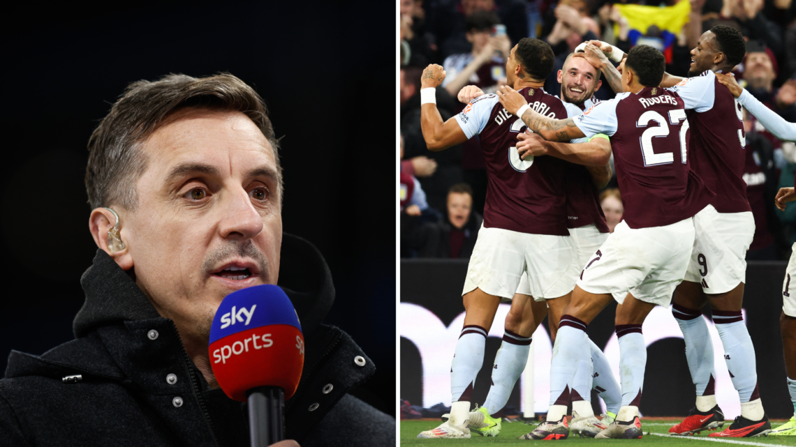 Side by side image of Gary Neville (L) and the Aston Villa players celebrating together (R)