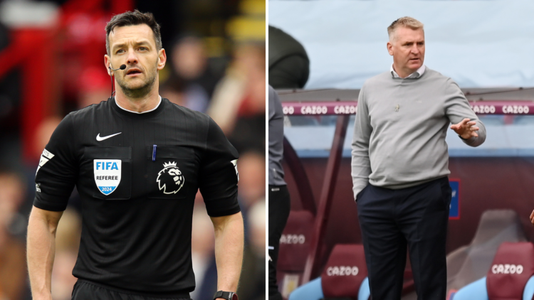 side-by-side image of Andy Madley and Dean Smith in the dugout at Aston Villa