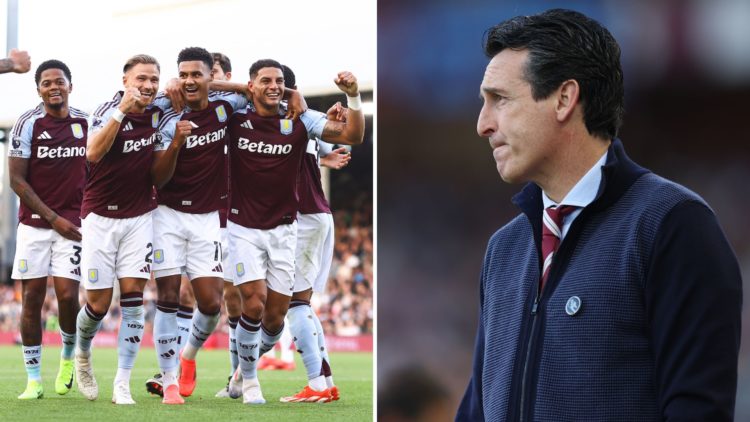 Split image of Matty Cash with fellow Villa players, and Unai Emery.