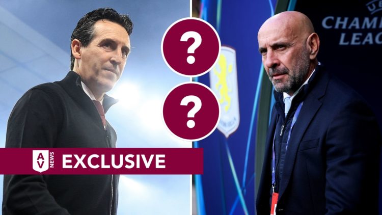 Split image of Unai Emery and Monchi of Aston Villa.