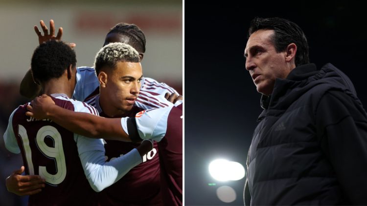 Split image of Aston Villa players and Unai Emery.