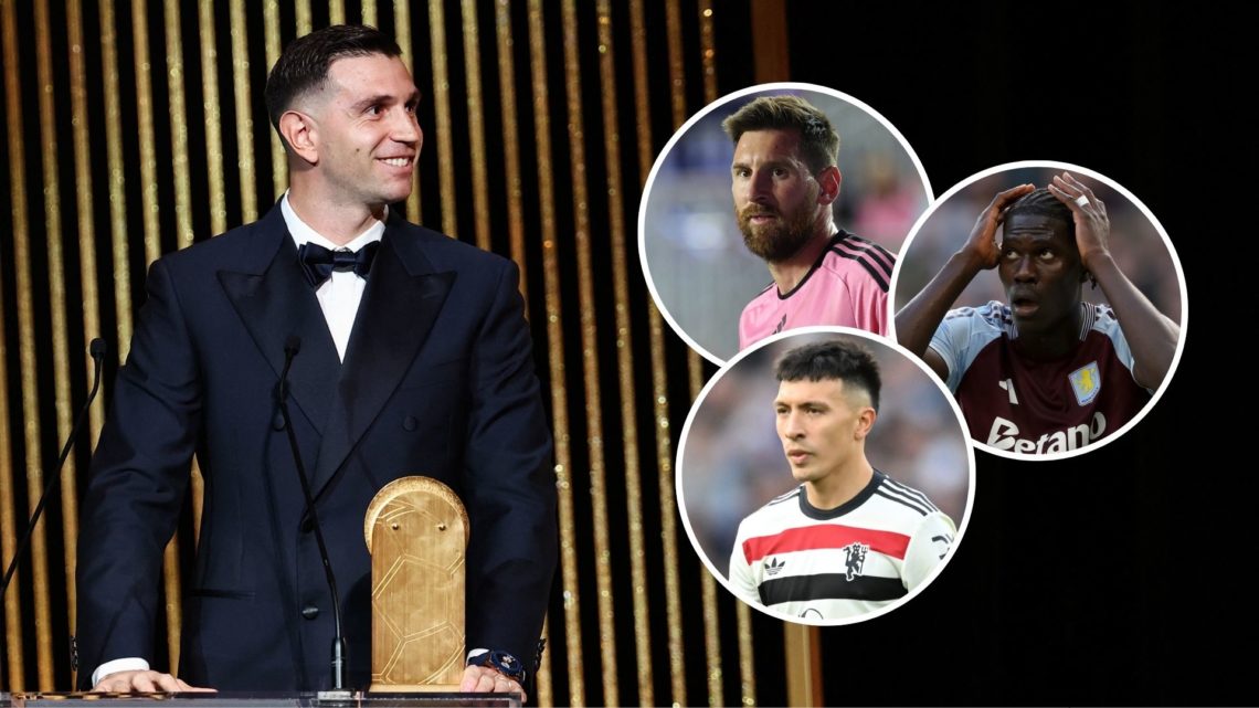 Aston Villa's Argentinian goalkeeper Emiliano Martinez receives the Yashin Trophy for best goalkeeper. Inset, Messi, Amadou Onana, and Lisandro Mar...