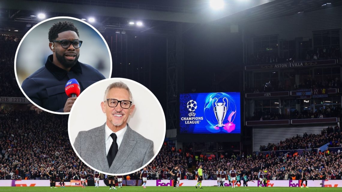 A general view of match action at Villa Park as UEFA Champions League branding is seen on a LED screen during the UEFA Champions League 2024/25 Lea...