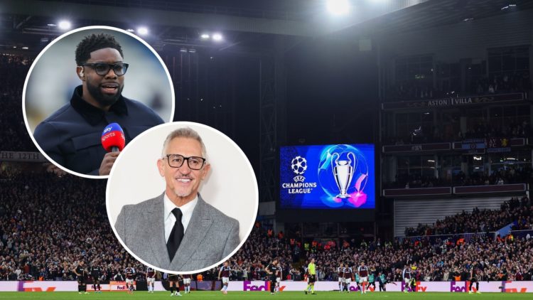 A general view of match action at Villa Park as UEFA Champions League branding is seen on a LED screen during the UEFA Champions League 2024/25 Lea...