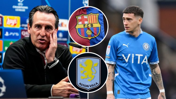 Unai Emery and Louie Barry. Inset, the badges of Barcelona FC and Aston Villa.