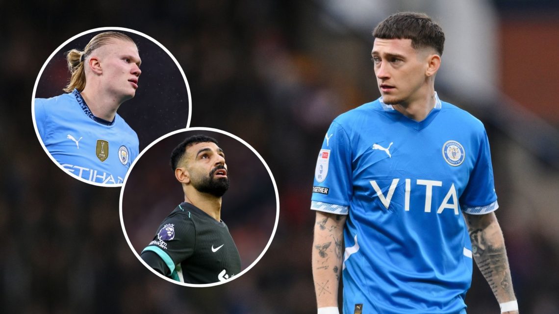 Louie Barry. Inset, Erling Haaland and Mo Salah.