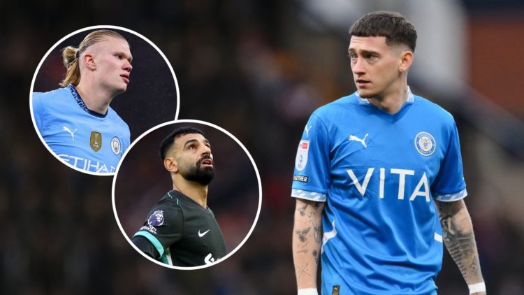 Louie Barry. Inset, Erling Haaland and Mo Salah.