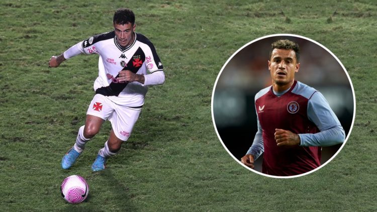 Philippe Coutinho in a Vasco shirt and an inset of him in a Villa shirt.