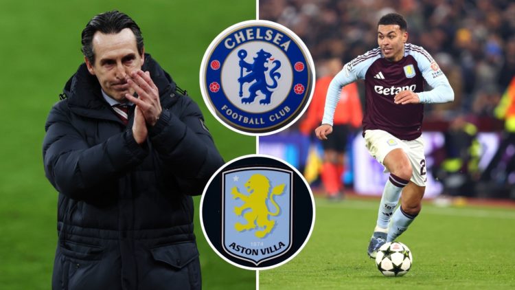Unai Emery and Morgan Rogers. Inset, Aston Villa and Chelsea badges.