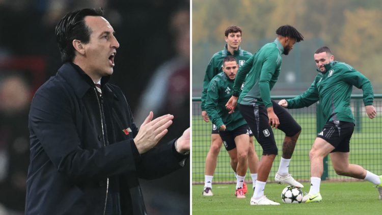 Unai Emery with Aston Villa players in training.