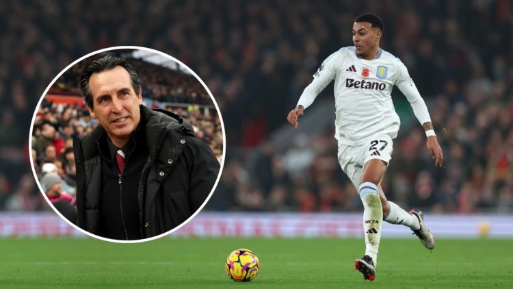 Morgan Rogers of Aston Villa runs with the ball during the Premier League match. Inset, Unai Emery.