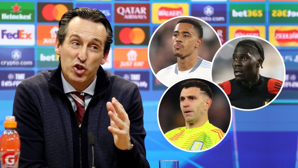 Unai Emery speaks at a press conference. Inset, Amadou Onana, Emi Martinez and Jacob Ramsey