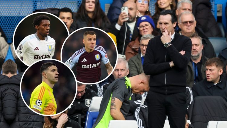 Unai Emery. Inset, Lucas Digne, Emiliano Martinez, and Jaden Philogene-Bidace